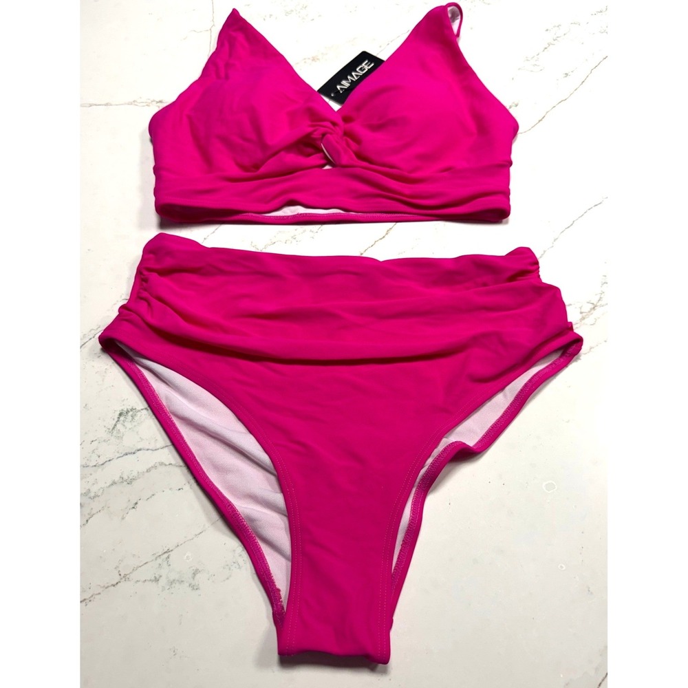 AIMAGE Hot Pink High Waisted Bikini Set Ruched Twist Front Swimsuit Medium NEW